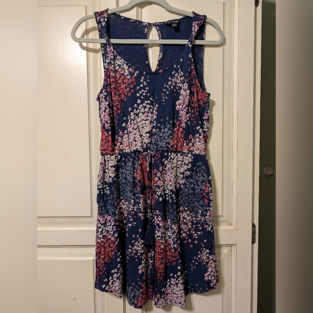 Lucky Brand Blue Ditsy Floral Tank Dress With Elastic Drawstring Waist
